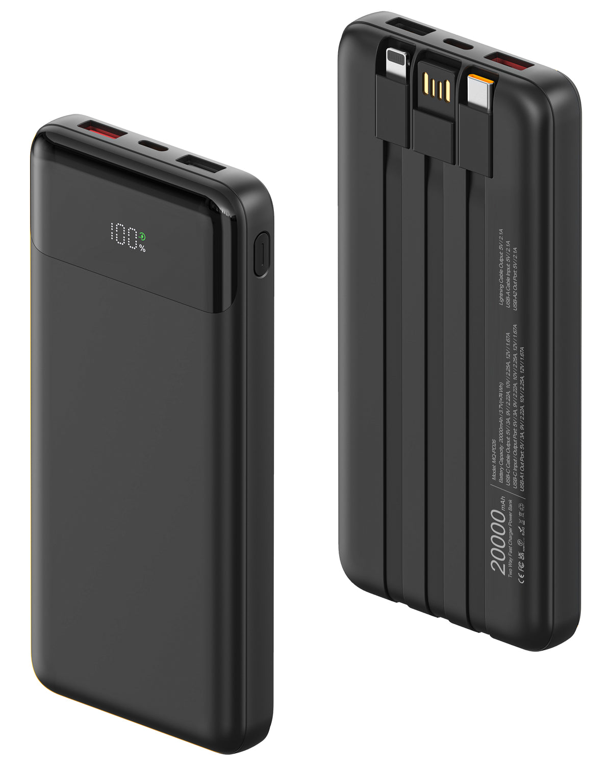 Power Bank 20000mAh with Built in 3 Cable, 22.5W Fast Charging Portable Charger PD 3.0 QC 3.0 USB-C Input & Output LED Display, Battery Pack for iPhone, Samsung, iPad, and More