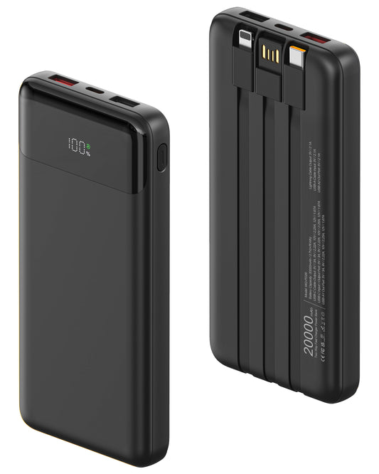 Powerbank mit 20000 mAh, integriertem 3-Kabel-Anschluss, 22,5 W Schnellladefunktion, tragbarer Akku mit PD 3.0, QC 3.0, USB-C-Ein- und -Ausgang, LED-Anzeige, kompatibel mit iPhone, Samsung, iPad und weiteren Geräten. 